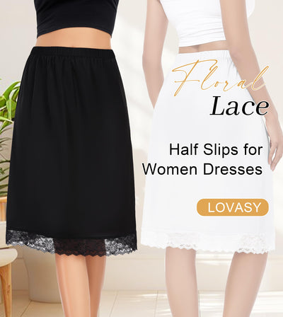 Lovasy 2 Pieces Half Slips for Women Long Underskirt Anti Static Satin Under Skirt with Floral Lace Trim Slip Dress for Skirts Dresses Black & White,X-Large