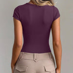 OQQ Women Bodysuit Short Cap Sleeves Tummy Control One Piece Going Out Tops Deeppurple