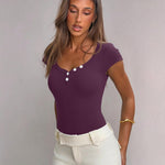 OQQ Women Bodysuit Short Cap Sleeves Tummy Control One Piece Going Out Tops Deeppurple
