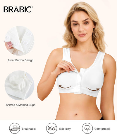 BRABIC Surgical Bra Front Closure - Comfort Compression Mastectomy Bras for Women Post Surgery with Full Coverage (White,Large)