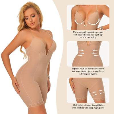 JOYSHAPER Plunge Shapewear Bodysuit for Women Backless Shapewear Mid Thigh Low Back Faja Shapewear Tummy Control Full Body Suits Nude XL