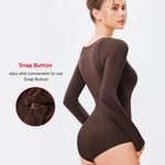 Nebility Long Sleeve Bodysuit for Women Tummy Control Crew Neck Body Suits Tops Slim Fit (Chocolate Brown, Medium)