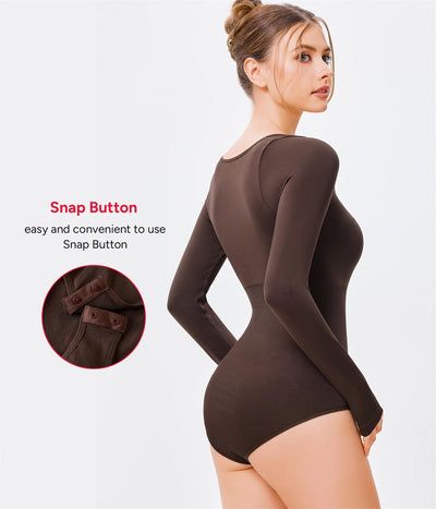Nebility Long Sleeve Bodysuit for Women Tummy Control Crew Neck Body Suits Tops Slim Fit (Chocolate Brown, Medium)