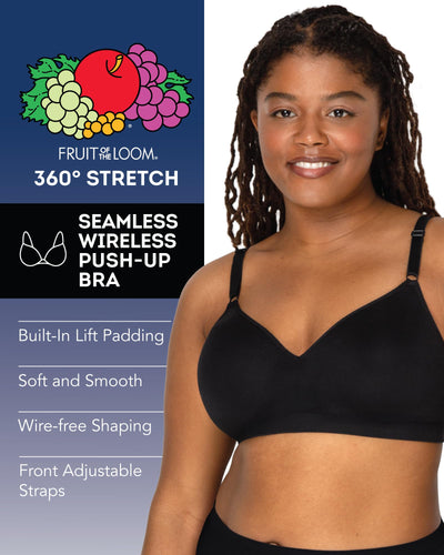 Fruit of the Loom Women's Seamless Wire Free Push-up Bra, Black Hue/White 2-Pack, 36D