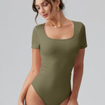 OQQ Women Bodysuits Ruched Short Sleeve Square Neck Stretch Lounge Travel Bodysuits Sauerkraut