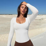 Nebility White Long Sleeve Bodysuits for Women Tummy Control Shapewear Square Neck Body Suits Bell Sleeves(Medium,White)