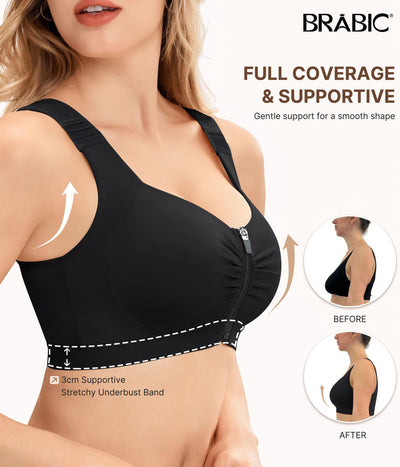 BRABIC Zip Front Closure Wireless Bras for Women Post Surgery Compression Mastectomy Surgical Back Smoothing Bra (Black, Medium)