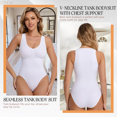 ONEW Shapewear Bodysuit for Women Tummy Control Seamless Body Suits Deep V Neck Body Shaper Going Out,White,Medium