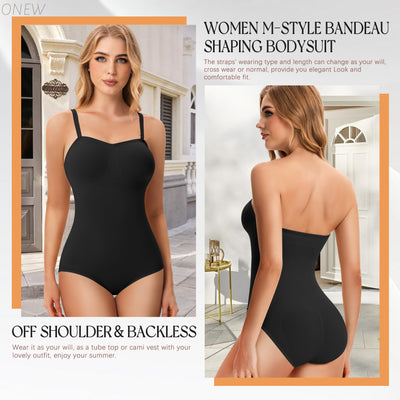 ONEW Strapless Shapewear Bodysuit for Women Seamless Tummy Control Tube Top Body Shaper With Removable Straps,Black,Medium