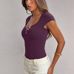 OQQ Women Bodysuit Short Cap Sleeves Tummy Control One Piece Going Out Tops Deeppurple