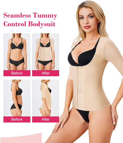 Gotoly Women Waist Trainer Corset Tummy Control Shapewear Upper Arm Shaper Post Surgical Slimmer Compression Tops(Beige Short Sleeve,Small)