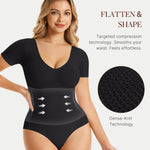BRABIC Short Sleeve Shapewear Bodysuit for Women Tummy Control V Neck Backless Seamless Body Shaper(Black, Medium)