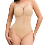Nebility Shapewear Bodysuits for Women Thong Tummy Control Body Suits Sheer Mesh V-Neck BodySuit with Built-in Bra Beige