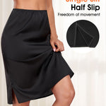 MANCYFIT Half Slips for Women Satin Slip Skirt Under Dresses Anti-Static Side Slit Underskirt Large Black