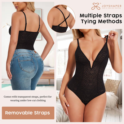 JOYSHAPER Lace Shapewear Bodysuits Deep V Lace Corset Tops Thong Bodysuits Tummy Control Body Shaper Black M