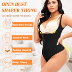 Werena Thong Shapewear Bodysuit for Women Tummy Control Open Bust Body Shaper Slimmer Shaping Thong(#1 Pure Black,Medium)