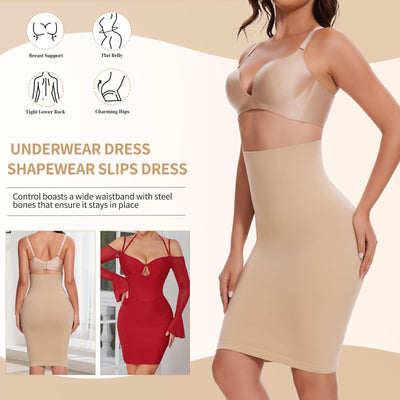 JOYSHAPER Shapewear Dress Half Slip for Women Under Dresses Half Skirt High Waist Slips Dress Built in Shapewear Dress Nude S
