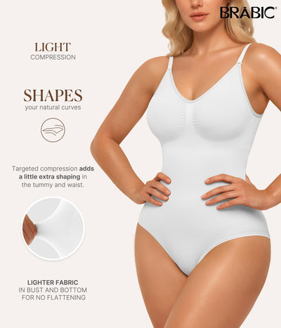 BRABIC Bodysuit Shapewear for Women Tummy Control Panties Seamless Sleeveless Tops V-Neck Camisole Jumpsuit(White Brief, X-Small/Small)