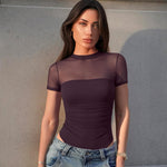 OQQ Women Short Sleeve Bodysuit Tummy Control Shapewear Mesh One Piece Leotard Shirts Going Out Tops Darkpurple