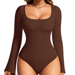 Nebility Brown Long Sleeve Bodysuits for Women Shapewear Square Neck Body Suits Bell Sleeves(Large,Brown)
