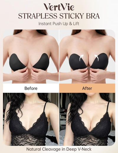Vertvie Strapless Sticky Bra Push Up Invisible Lightweight Adhesive Cleavage Lift Reusable for Backless Dress Wedding & Prom(Black,Cup C)