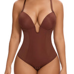 SHAPERIN Women's Backless Body Shaper Bra Faja U Plunge Low Back Thong Shapewear Tummy Control Deep V Bodysuit (Small,Brown)