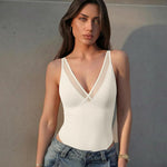 OQQ Women's Sexy V Neck Mesh Thong Bodysuit Tummy Control Bodysuits Top
