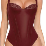 Popilush Faux Leather Shapewear Bodysuit Lace Corset Body Suits for Womens | Tummy Control Shapewear,Thong Body Shaper,Compression Bodysuit Women,Corset Tops for Country Concert,Going Out Summer Outfit