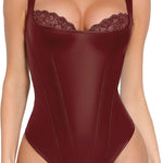 Popilush Faux Leather Shapewear Bodysuit Lace Corset Body Suits for Womens | Tummy Control Shapewear,Thong Body Shaper,Compression Bodysuit Women,Corset Tops for Country Concert,Going Out Summer Outfit