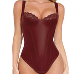 Popilush Leather Shapewear Bodysuits for Women Tummy Control Lace Tank Tops Sleeveless Faux Leather Thong Body Suits XX-Large