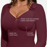FeelinGirl Long Sleeve Compression Shirts for Women Shapewear Tummy Control Slimming Body Shaper V Neck Top Burgundy X-Large