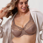DELIMIRA Women's Plus Size Full Coverage Underwire Unlined Minimizer Lace Bra Brown Purple 36E