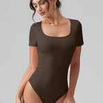 OQQ Women Bodysuits Ruched Short Sleeve Square Neck Stretch Lounge Travel Bodysuits Darkbrown