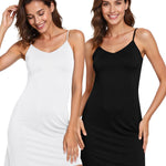 Qilitop 2 Packs Full Slip Spaghetti Strap Dresses for Women Under Dress Cami Halter Neck Tank Plus Size Slips No Static Adjustable Basic V Neck Sleeveless Nightgown Undergarment Black White M