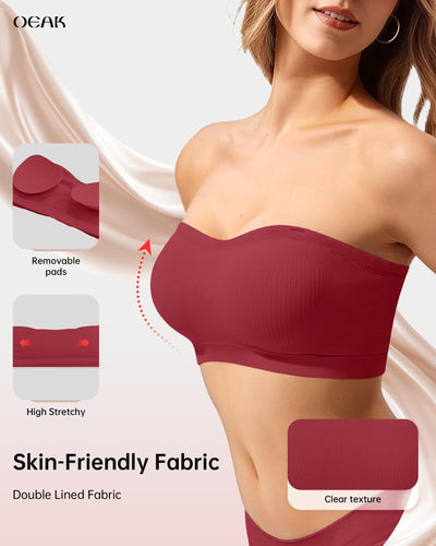 OEAK Supportive Strapless Bras for Women Push Up Wireless Bandeau Bra Non Slip Seamless Bras Comfortable Padded Bralette Red M