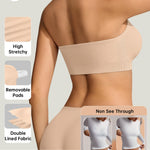 OEAK Supportive Strapless Bras for Women Push Up Wireless Bandeau Bra Non Slip Seamless Bras Comfortable Padded Bralette Beige L