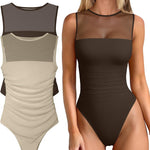 OQQ Women 2 Piece Bodysuit Mesh Ruched Sleeveless Turtle Neck Shapewear Body Suits One Piece Leotard Shirt Going Out Tops
