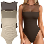 OQQ Women 2 Piece Bodysuit Mesh Ruched Sleeveless Turtle Neck Shapewear Body Suits One Piece Leotard Shirt Going Out Tops Darkbrown Oatmeal