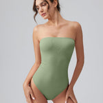 OQQ Womens Tube Bodysuits Strapless Basic Sleeveless Ruched Stretch Classic-Fit Tops Sexy Bodysuits Pea green