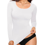 Nebility Tummy Control Shaperwear for Women Long Sleeve T Shirts Compression Tank Tops Scoop Neck Seamless Body Shaper(White,Medium)