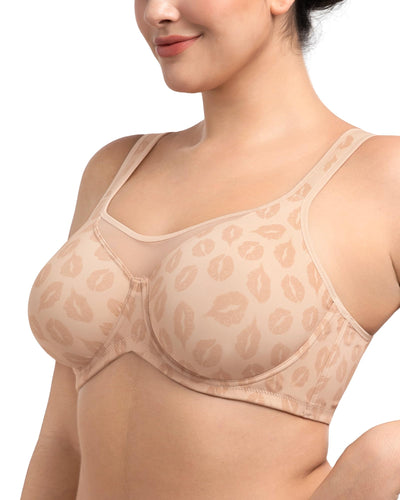 HSIA Minimizer Bras for Women Plus Size, Full Coverage Coolcomfort T Shirt Unlined Bra with Underwire for Heavy Breast, Ivory Beige Lip Print 34C