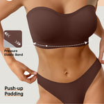 OEAK Supportive Strapless Bras for Women Push Up Wireless Bandeau Bra Non Slip Seamless Bras Comfortable Padded Bralette Chocolate XS