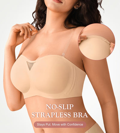Strapless Jelly Bras for Women Push Up Wireless Seamless Non Slip Bandeau Bra Womens Supportive Padded Tube Bra No Underwire(Nude,L)