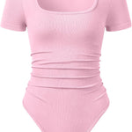 OQQ Women Bodysuits Ruched Short Sleeve Square Neck Stretch Lounge Travel Bodysuits