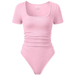 OQQ Women Bodysuits Ruched Short Sleeve Square Neck Stretch Lounge Travel Bodysuits Pink cherry blossom