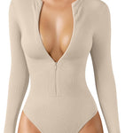 OQQ Women's Bodysuit Tops Invisible Zip Long Sleeve Crew Neck Bodysuits