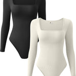 OQQ Women's 2 Piece Bodysuits Sexy Ribbed One Piece Square Neck Long Sleeve Tops