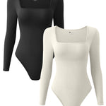 OQQ Women's 2 Piece Bodysuits Sexy Ribbed One Piece Square Neck Long Sleeve Tops Black Beige