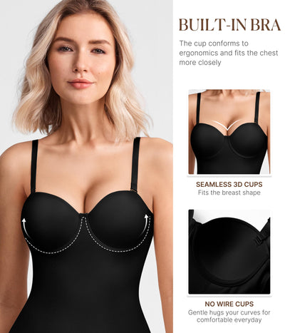 BRABIC Bodysuit Shapewear for Women Tummy Control Dress Backless Bodysuit Tops Body Shaper with Built-in Bra (Black, Medium)