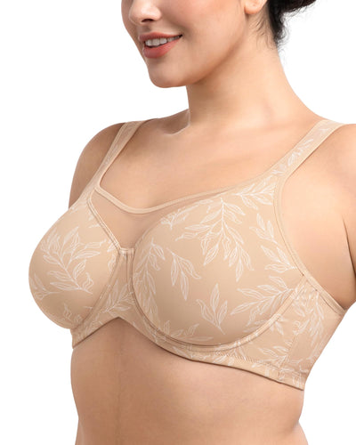 HSIA Minimizer Bras for Women Plus Size, Full Coverage Coolcomfort T Shirt Unlined Bra with Underwire for Heavy Breast, Ivory Beige Leaf Print 38DDD